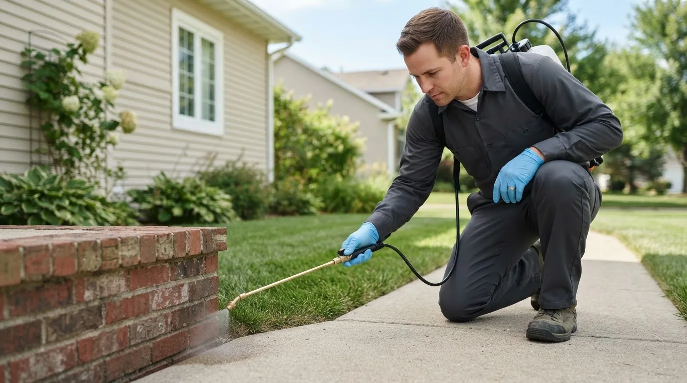 Pest control technician treating a home near West Bethel, ME